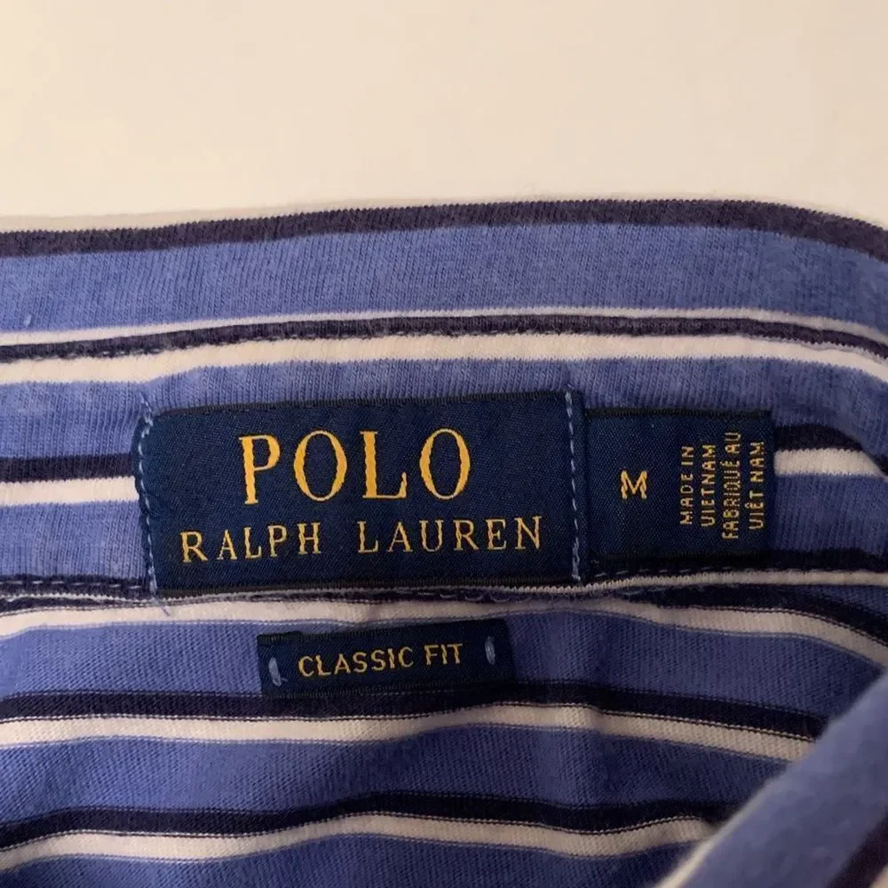 Polo by Ralph Lauren Men's Navy and White Striped Polo Shirt White Logo Size M